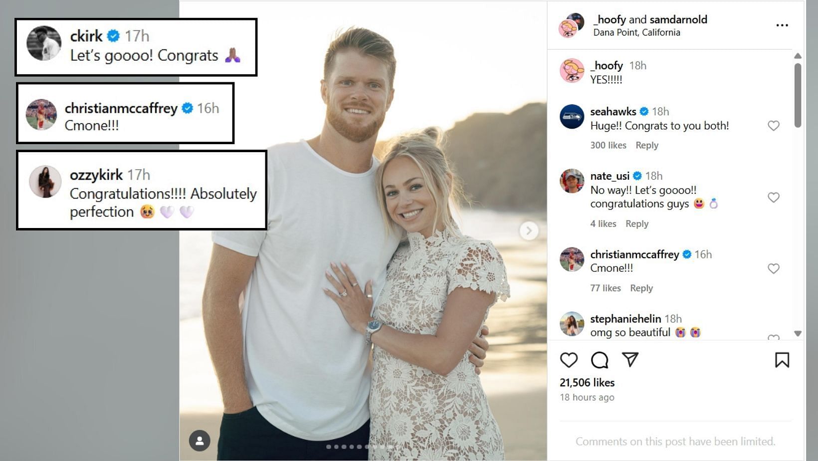Christian Kirk and Christian McCaffrey reacted to Sam Darnold's engagement (image credit: instagram/_hoofy)